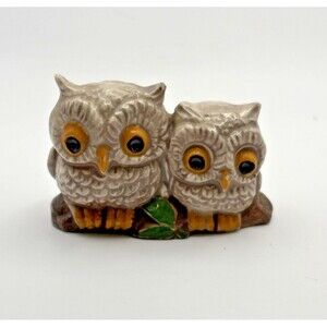 Vintage Hand Painted Ceramic Owls Mom and Baby Figurine Used